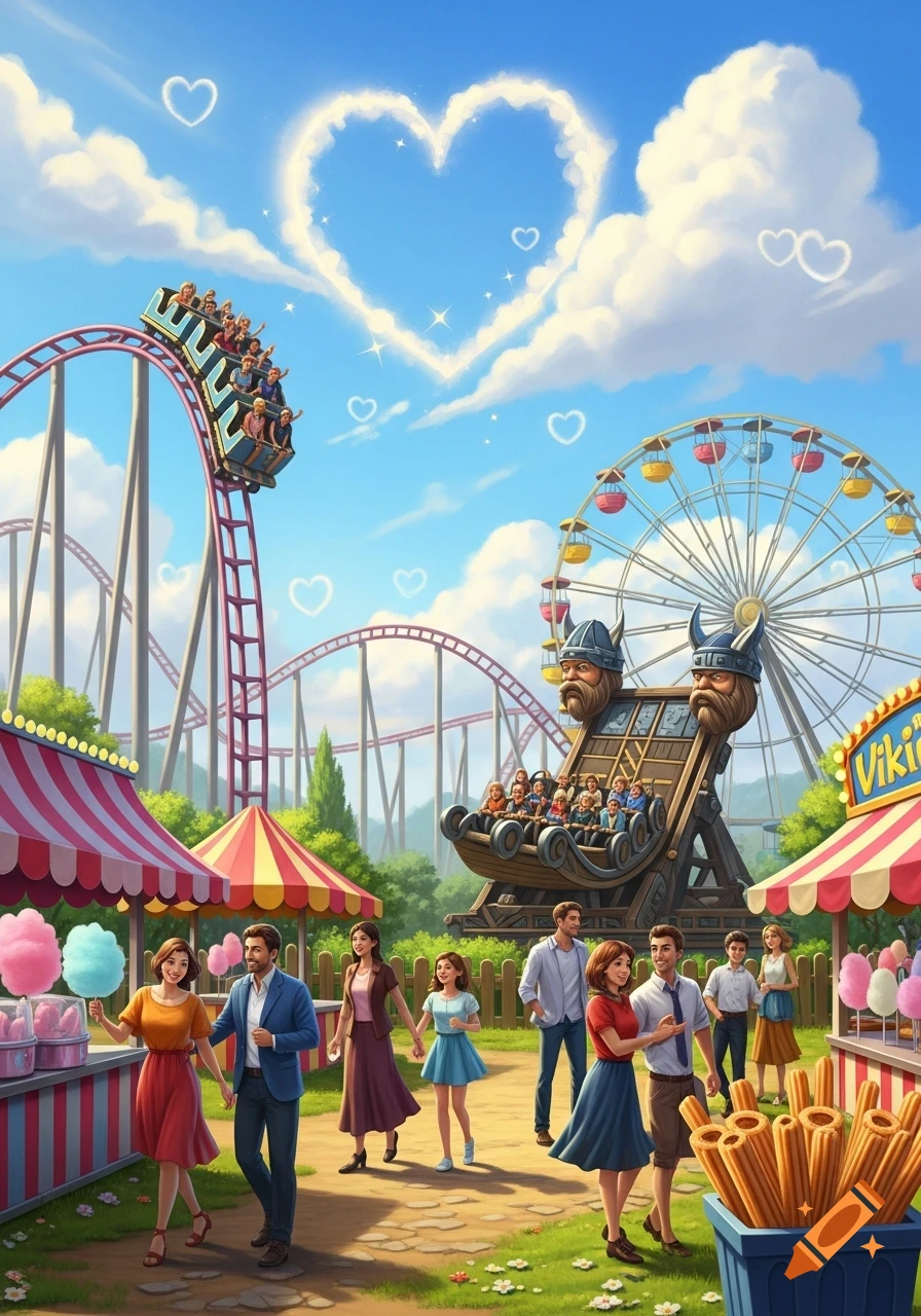 A cheerful, colorful illustration of a busy amusement park with a roller coaster, Ferris wheel, Viking ride, and families enjoying treats under heart-shaped clouds.