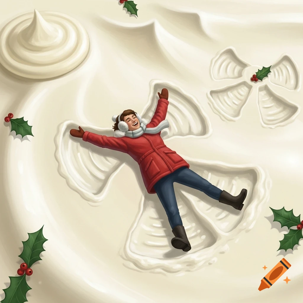 Whimsical illustration of a person in winter clothes making snow angels in a creamy white substance, with holly decorations.
