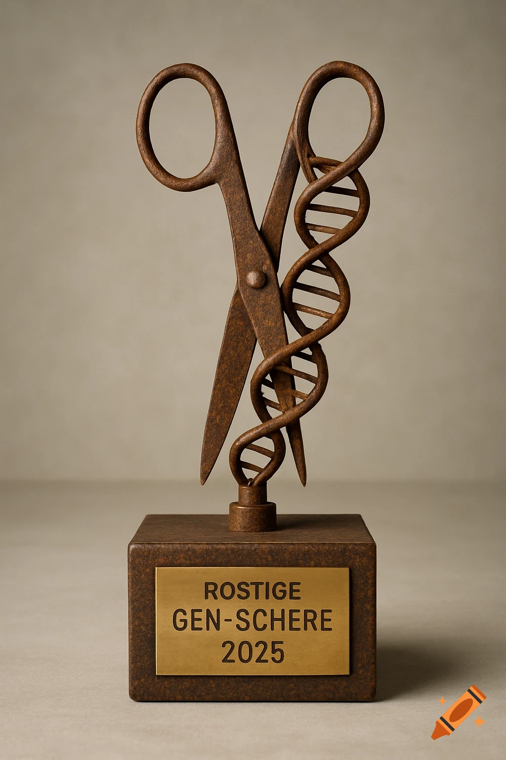 Photorealistic rusty trophy of scissors entwined with a DNA helix on a base, with a plaque engraved 'ROSTIGE GEN-SCHERE 2025'.