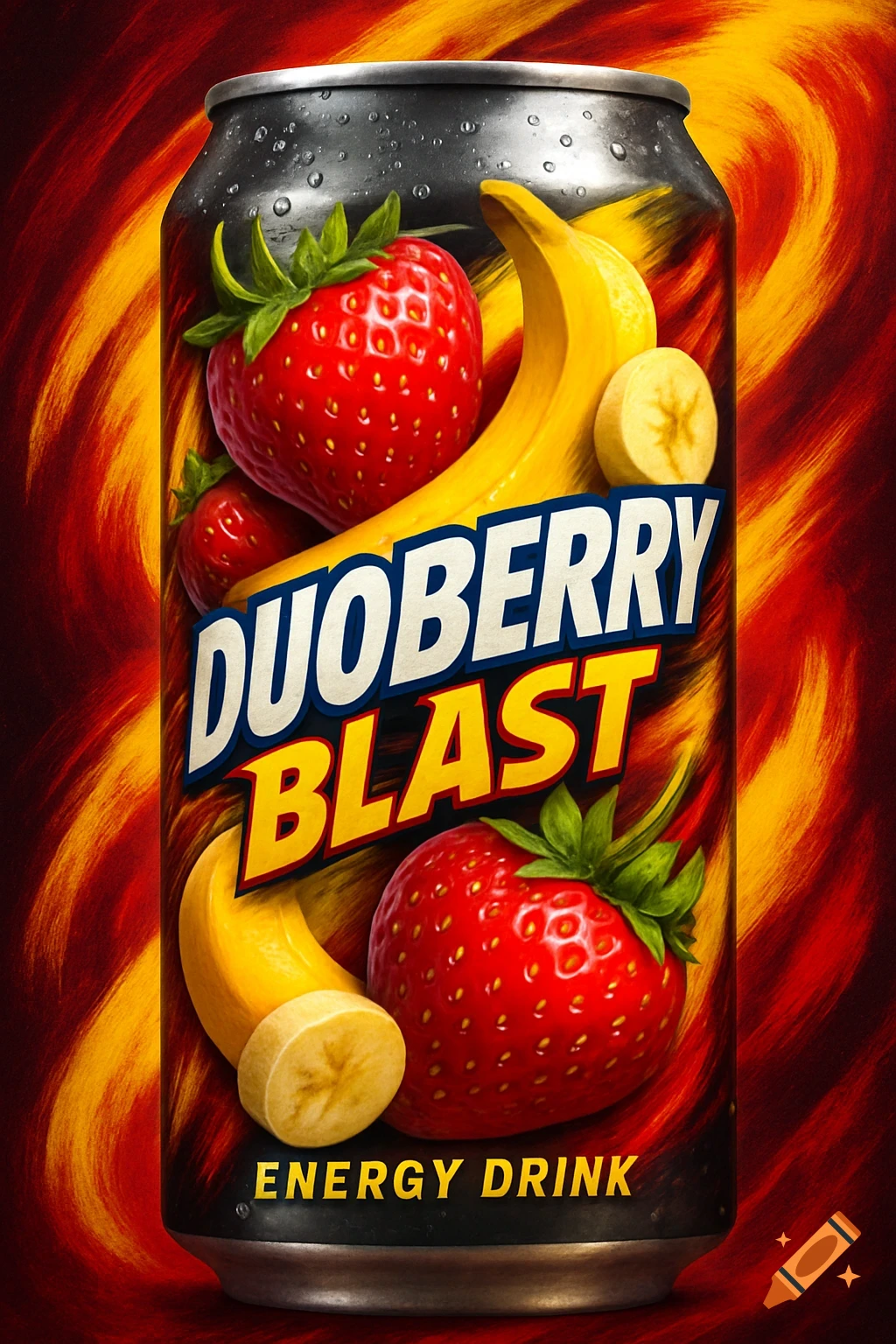 An energy drink can labeled 'DuoBerry Blast' with realistic strawberries and bananas on a vibrant red and orange swirl background.