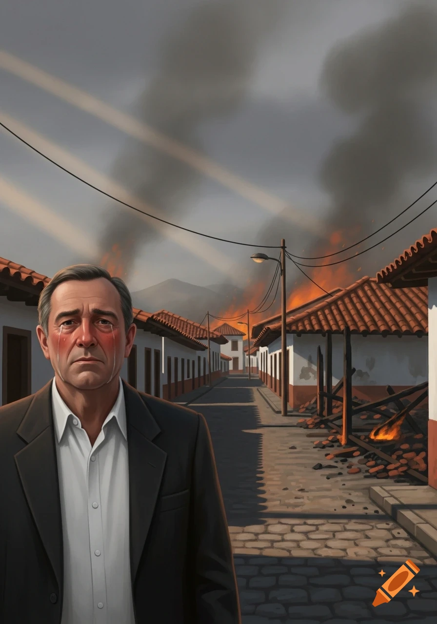 A crying man in a suit stands on a street with houses burning and smoke overhead in a digital illustration.