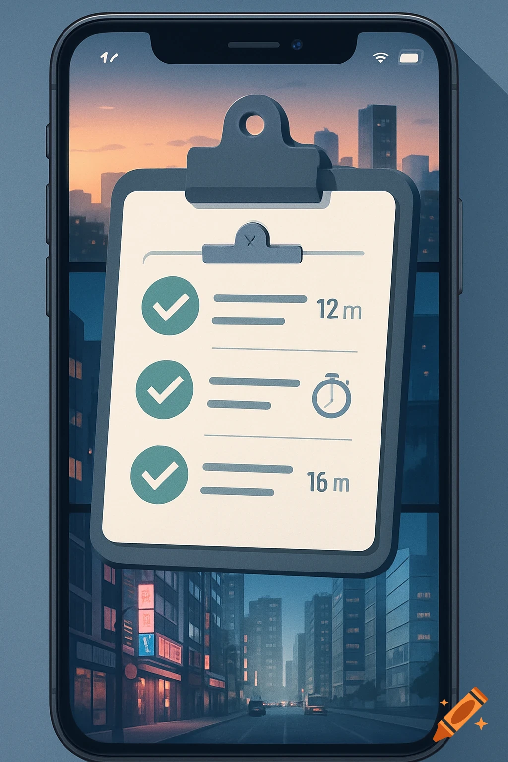 A stylized smartphone displays a clipboard with three checked-off items and durations over a cityscape at dusk.
