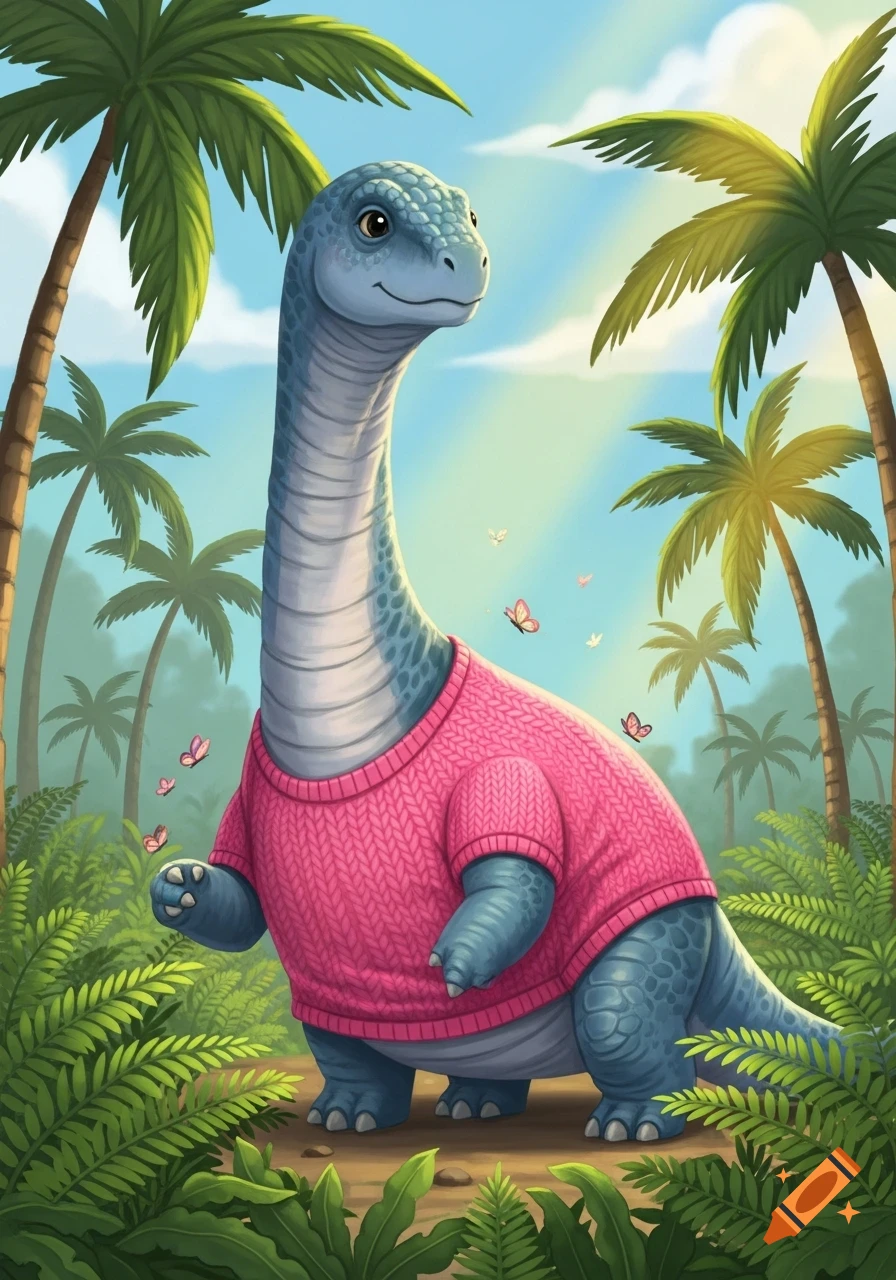 A cute blue brachiosaurus-like dinosaur wears a pink knitted sweater in a lush green jungle with palm trees and butterflies, in a cartoon style.