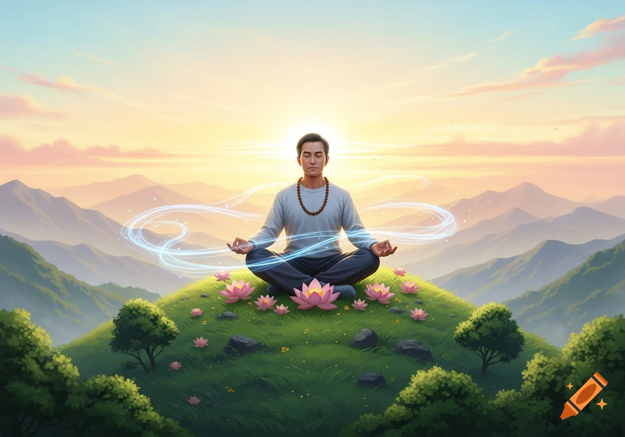 An illustration of a man meditating in lotus position on a lush green hill with pink lotus flowers, mountains, and a sunrise.