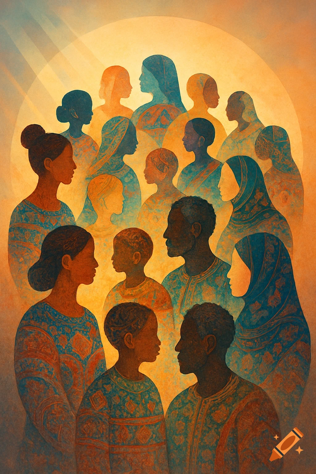 Stylized illustration of a diverse group of people with varying skin tones and attire, bathed in warm light.