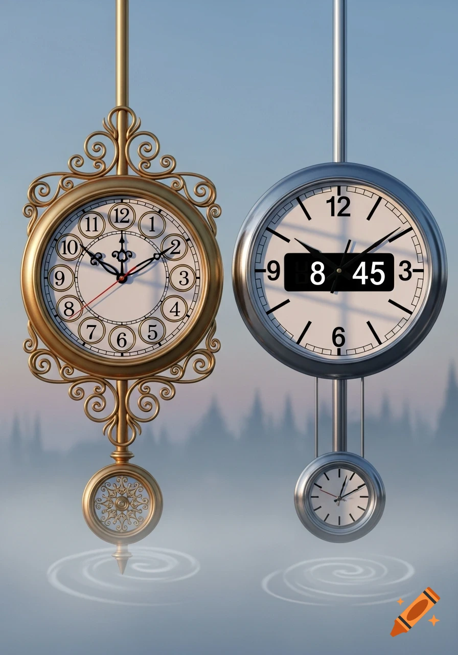An ornate gold analog clock and a modern silver clock with a digital display hang suspended over a misty landscape with water ripples.