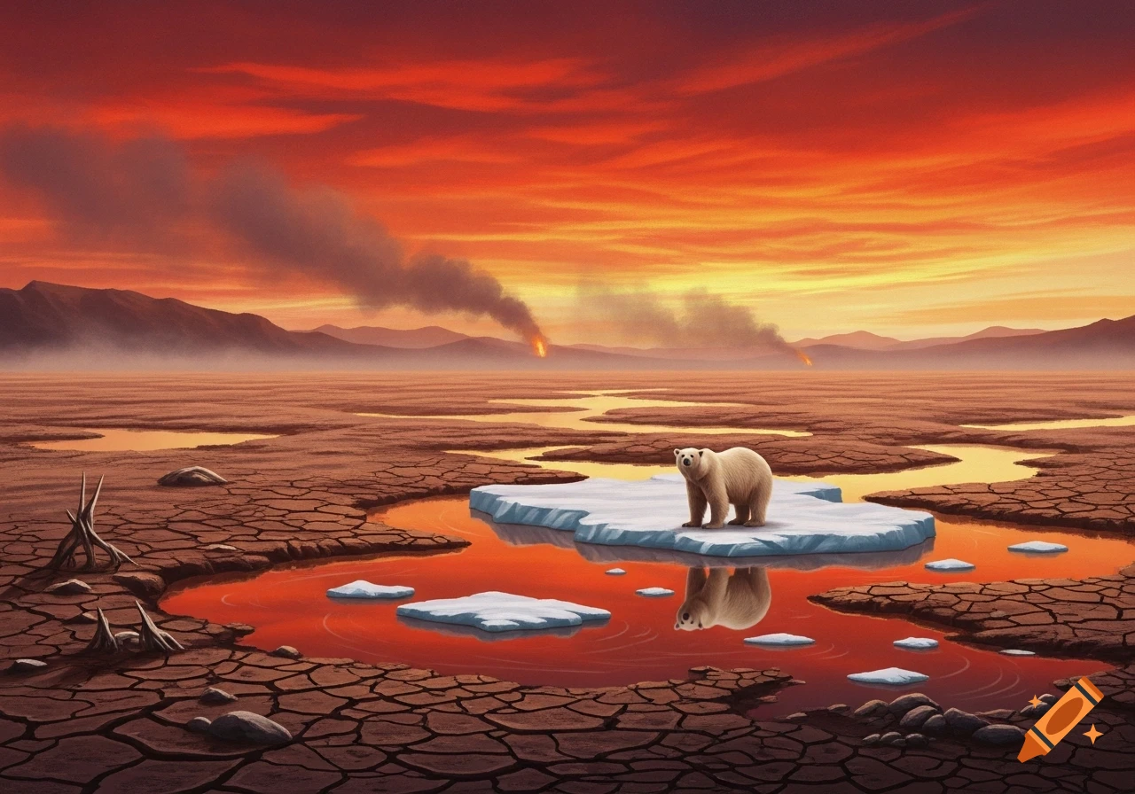 A polar bear stands on a small ice floe in a cracked, dry landscape with red water, under a fiery orange sky with distant fires and smoke, depicting global warming.