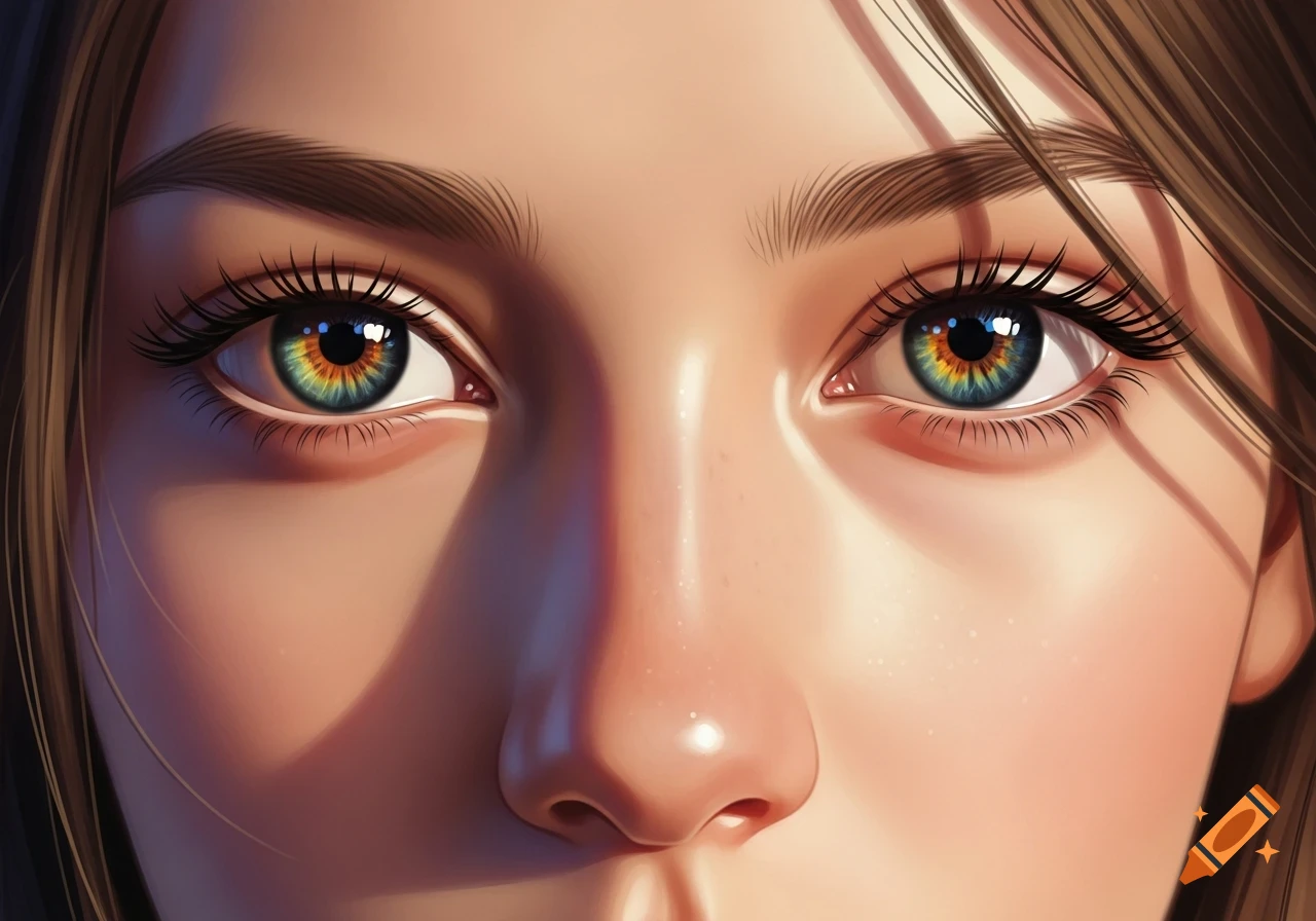 Close-up digital art portrait of a person's face focusing on vibrant, multi-colored eyes and nose.