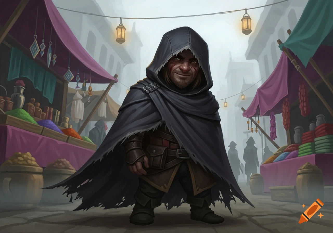 A smiling halfling rogue with stubble, wearing a torn black cloak, stands in a misty fantasy market street.
