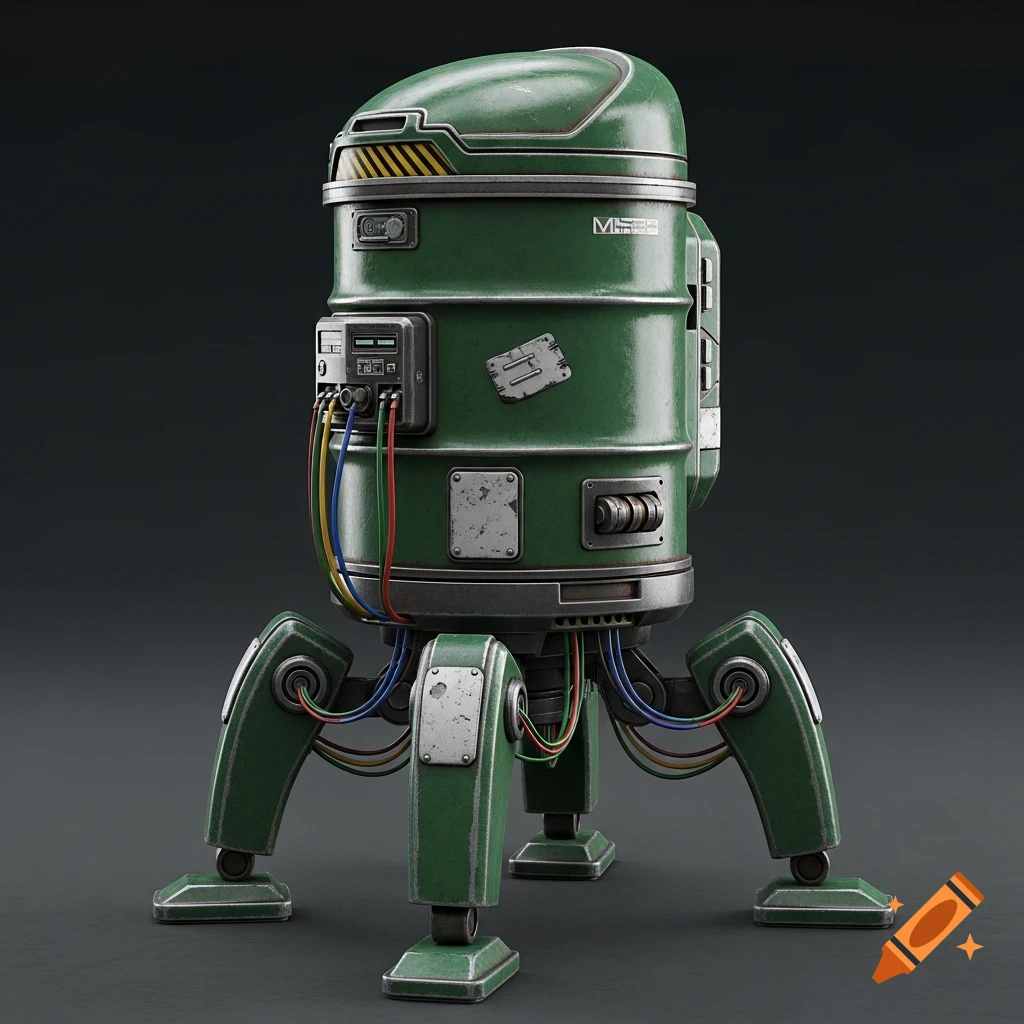 A detailed, weathered emerald green sci-fi utility robot with a barrel-shaped body, dome top, three mechanical legs, and visible cables.