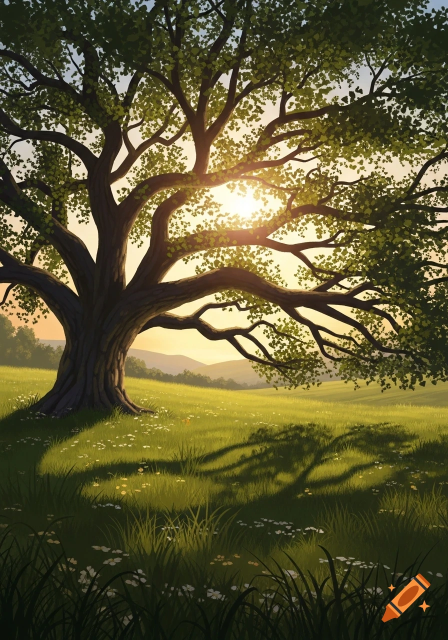 A large, old tree stands prominently in a sunlit grassy field with distant hills, depicted in a stylized illustration.
