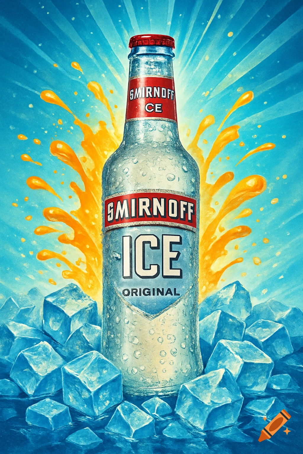 A Smirnoff Ice bottle is surrounded by ice cubes and orange liquid splashes against a bright blue background with light rays.