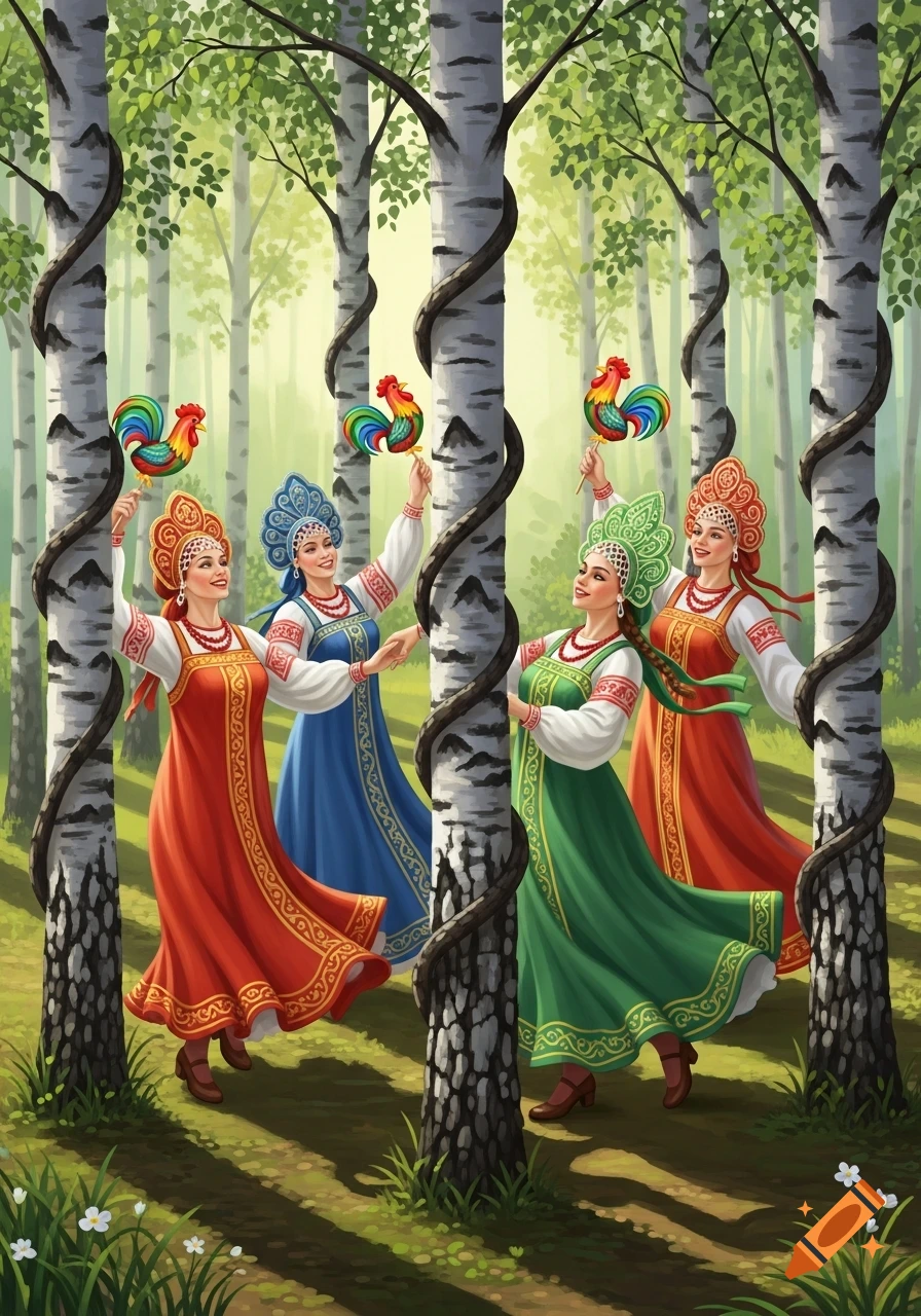 Four women in colorful traditional Russian folk costumes dance happily in a birch forest, holding rooster lollipops. Stylized illustration.