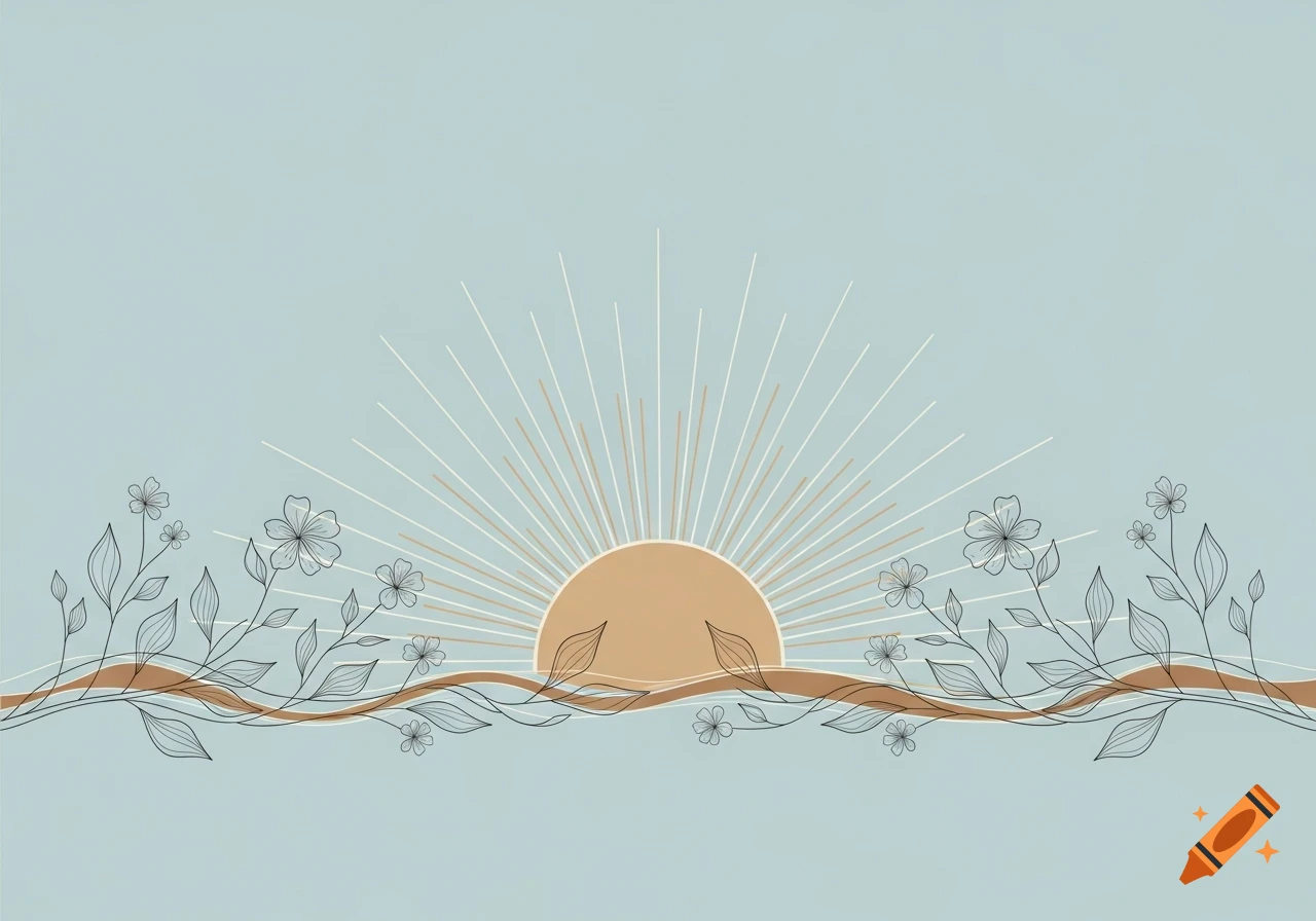 Minimalist illustration of a golden sun with radiating lines behind a wavy brown band, with outline flowers and leaves on a light blue background.