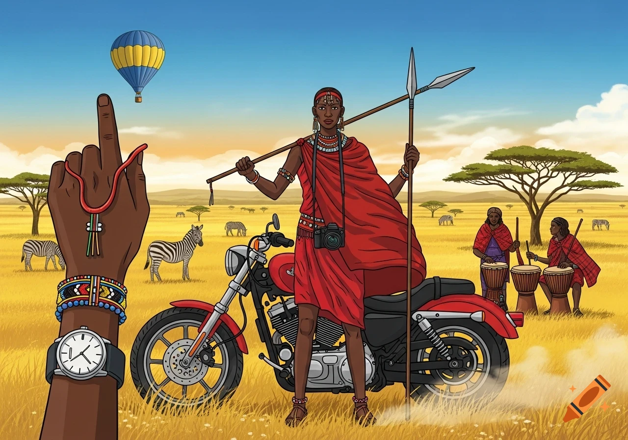 Cartoon of a person in red Maasai attire with a spear and camera, next to a red motorcycle in an African savanna with zebras.