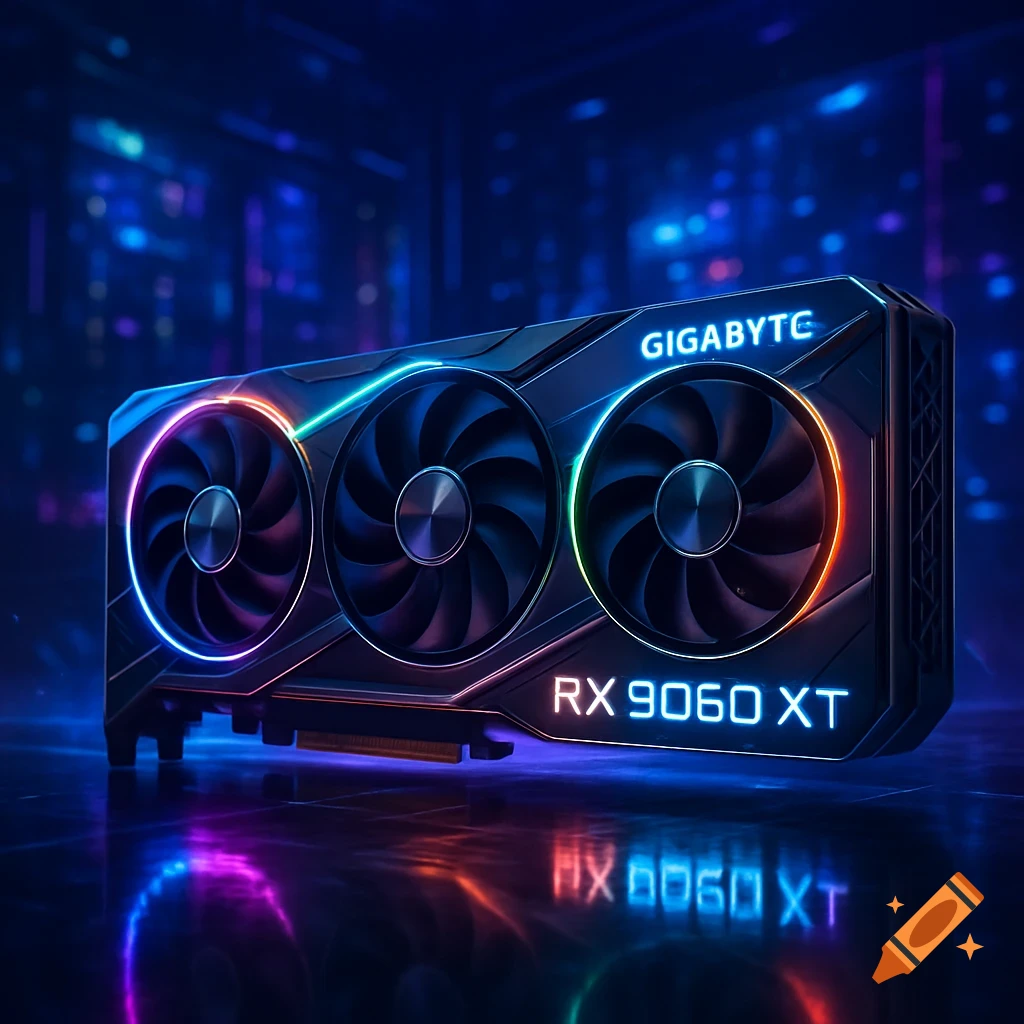 A glowing Gigabyte RX 9060 XT graphics card with three fans, set against a dark, neon-lit background with reflections.