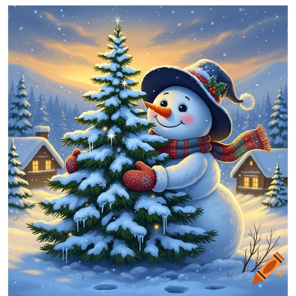 A cheerful snowman in a hat and scarf hugs a snow-covered Christmas tree in a snowy village scene at sunset, with falling snow.