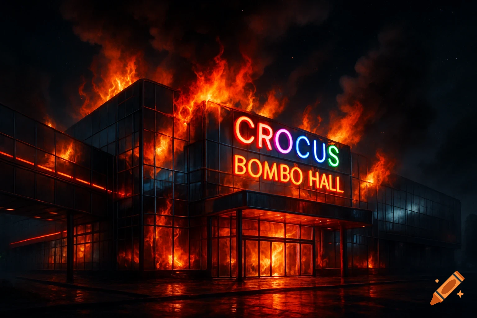 A modern building with neon signs reading 'CROCUS BOMBO HALL' engulfed in a massive fire at night, with smoke rising.