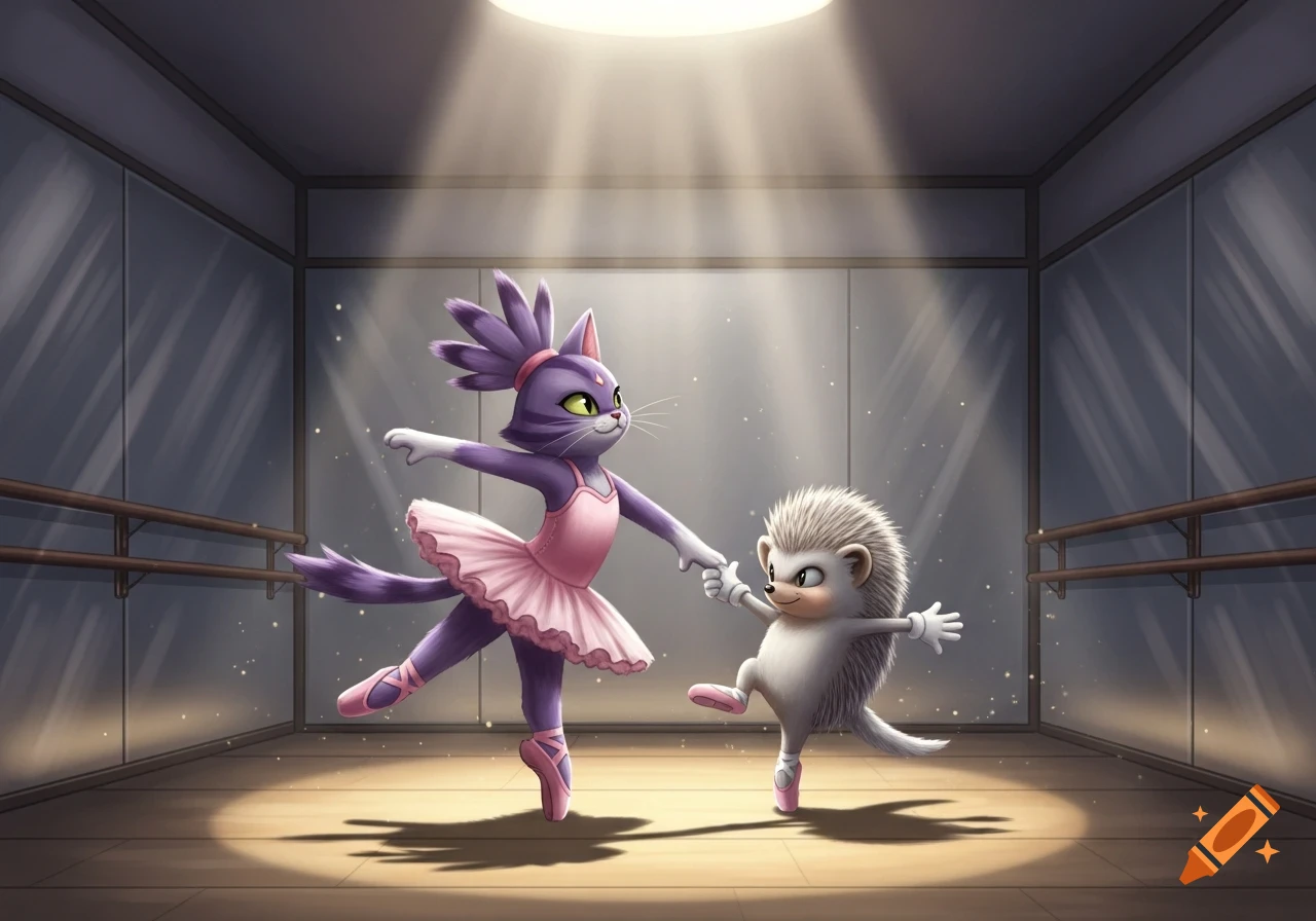 Cartoon purple cat and white hedgehog in pink ballet tutus and slippers dance in a studio.