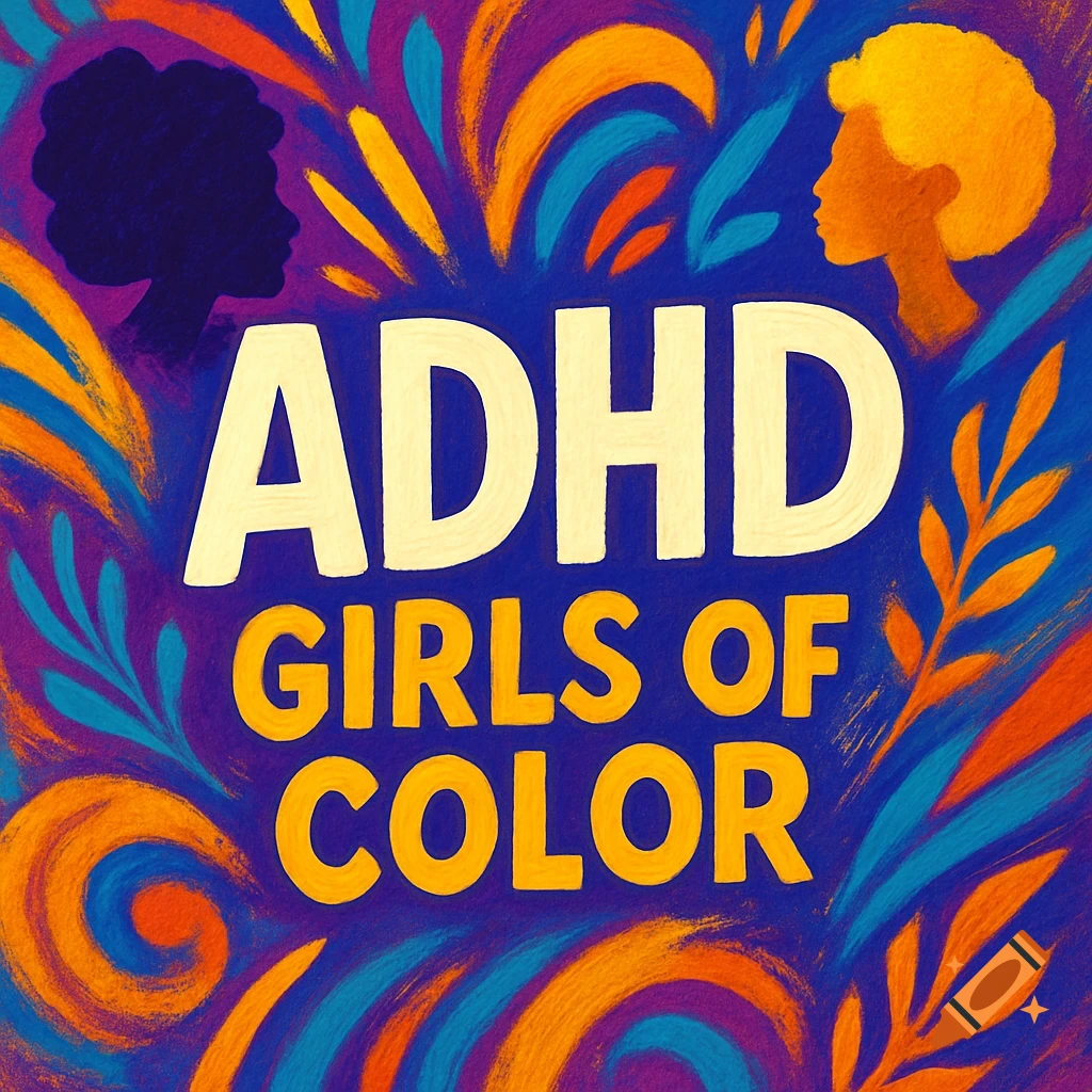 Abstract illustration with 'ADHD Girls of Color' text, colorful swirls, leaves, and silhouettes of two girls on a blue background.