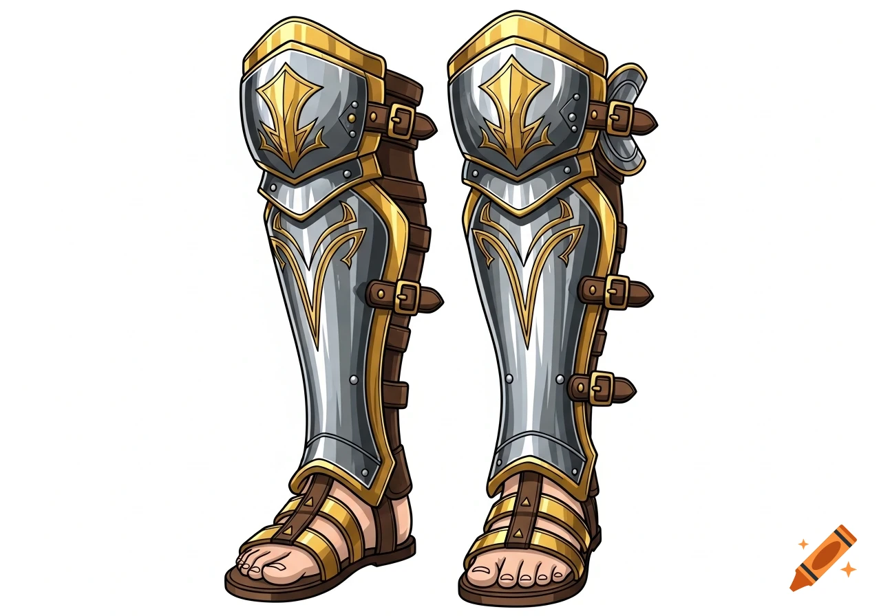 A pair of gold and silver fantasy leg armor with leather straps, intricate engravings, and gladiator sandals. Graphic illustration.