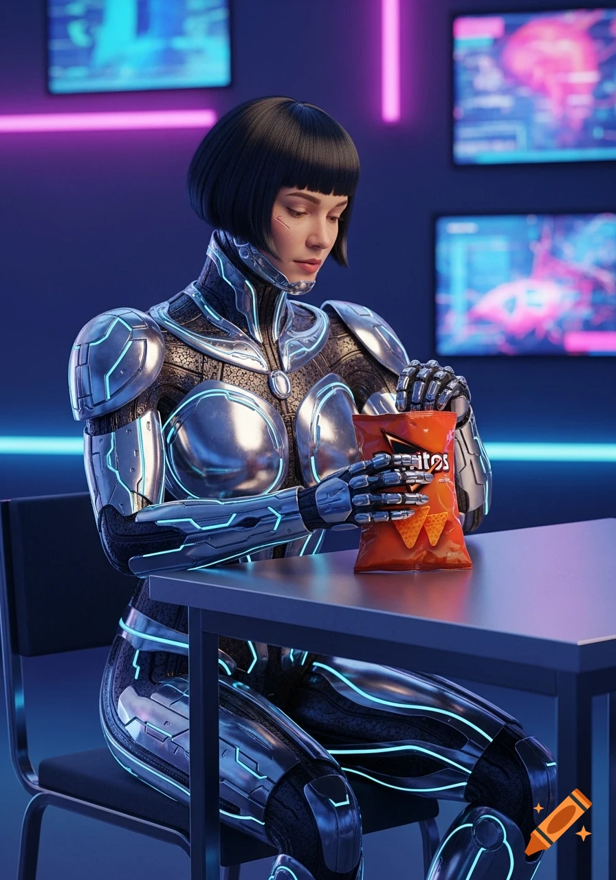 A futuristic cyborg woman with a bob haircut and glowing blue exoskeleton armor sits at a table, opening a bag of Doritos.