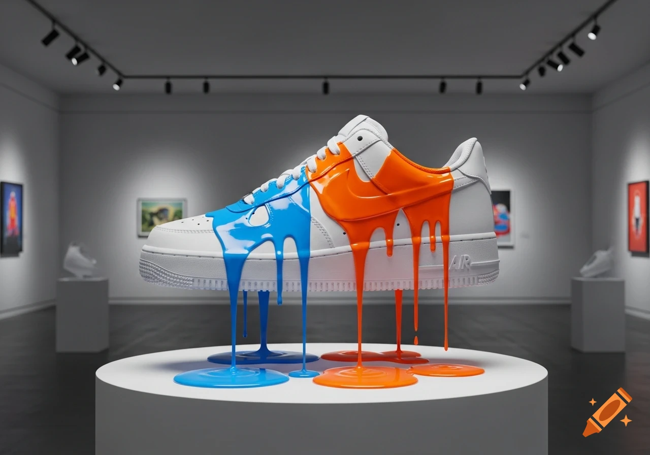 White Nike Air Force 1 sneaker with blue and orange paint dripping, displayed on a pedestal in an art gallery, photorealistic style.