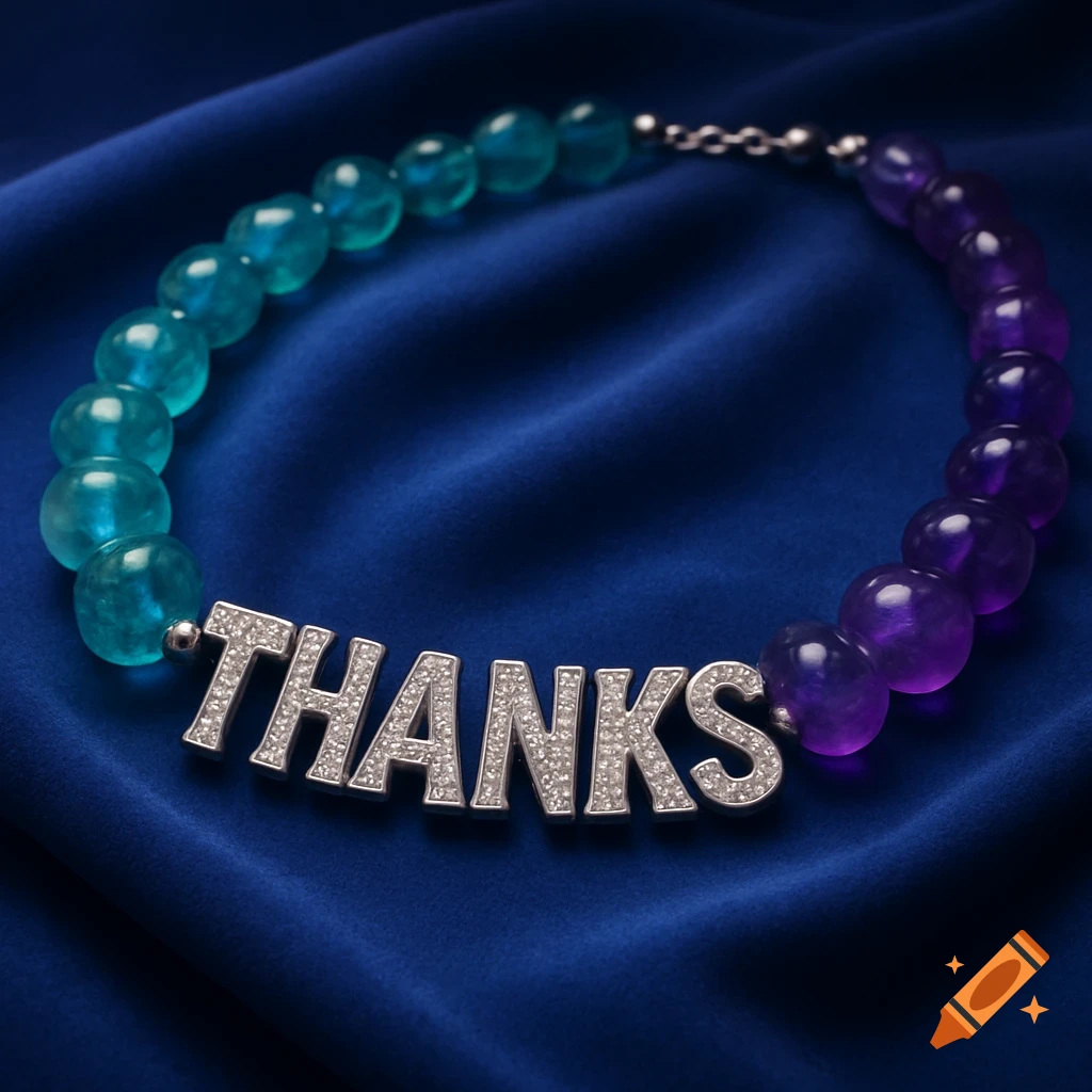 A beaded necklace with blue and purple ombre beads, featuring a diamond-studded "THANKS" pendant, rests on blue satin fabric.