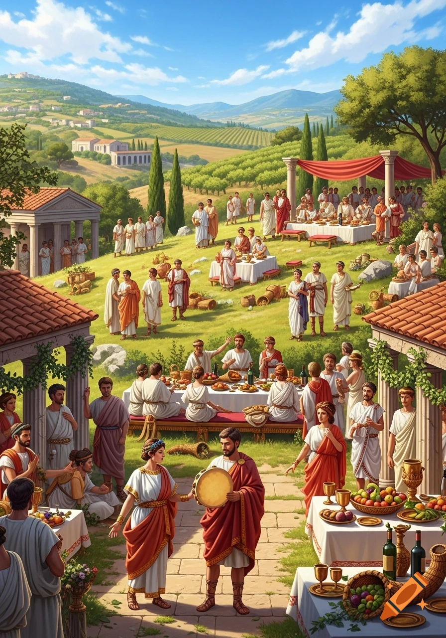 An ancient Roman feast with many people in togas enjoying food and music on a grassy hill overlooking a vineyard and classical buildings.
