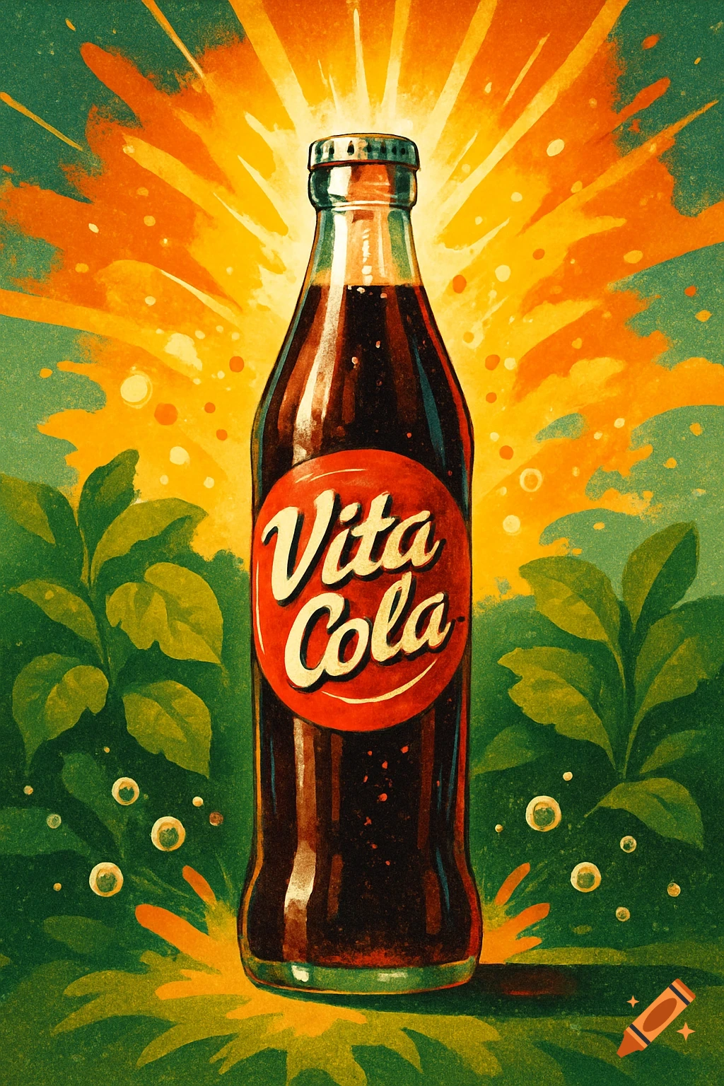 Vintage-style poster of a Vita Cola bottle with green leaves and a radiating orange and yellow background.