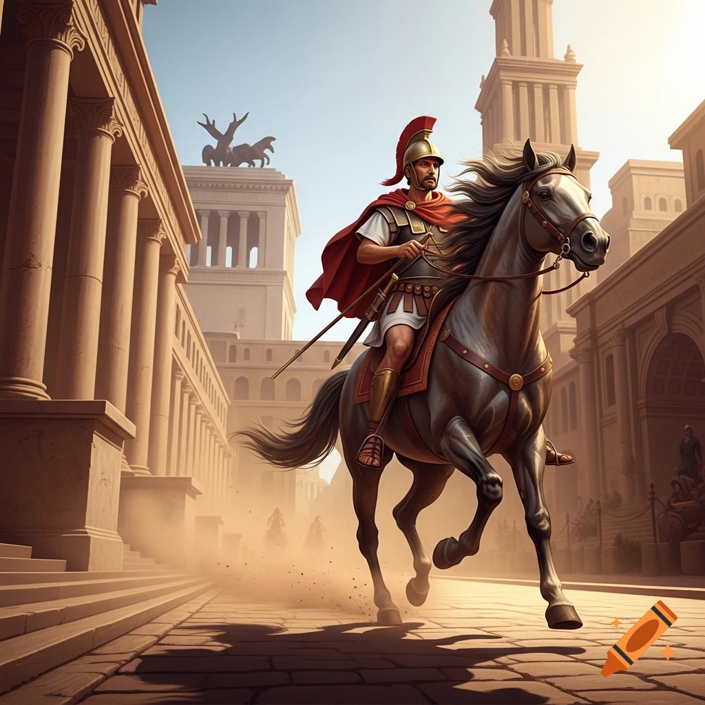 A Roman soldier in full armor and a red cape rides a horse through a dusty street in an ancient Roman city.