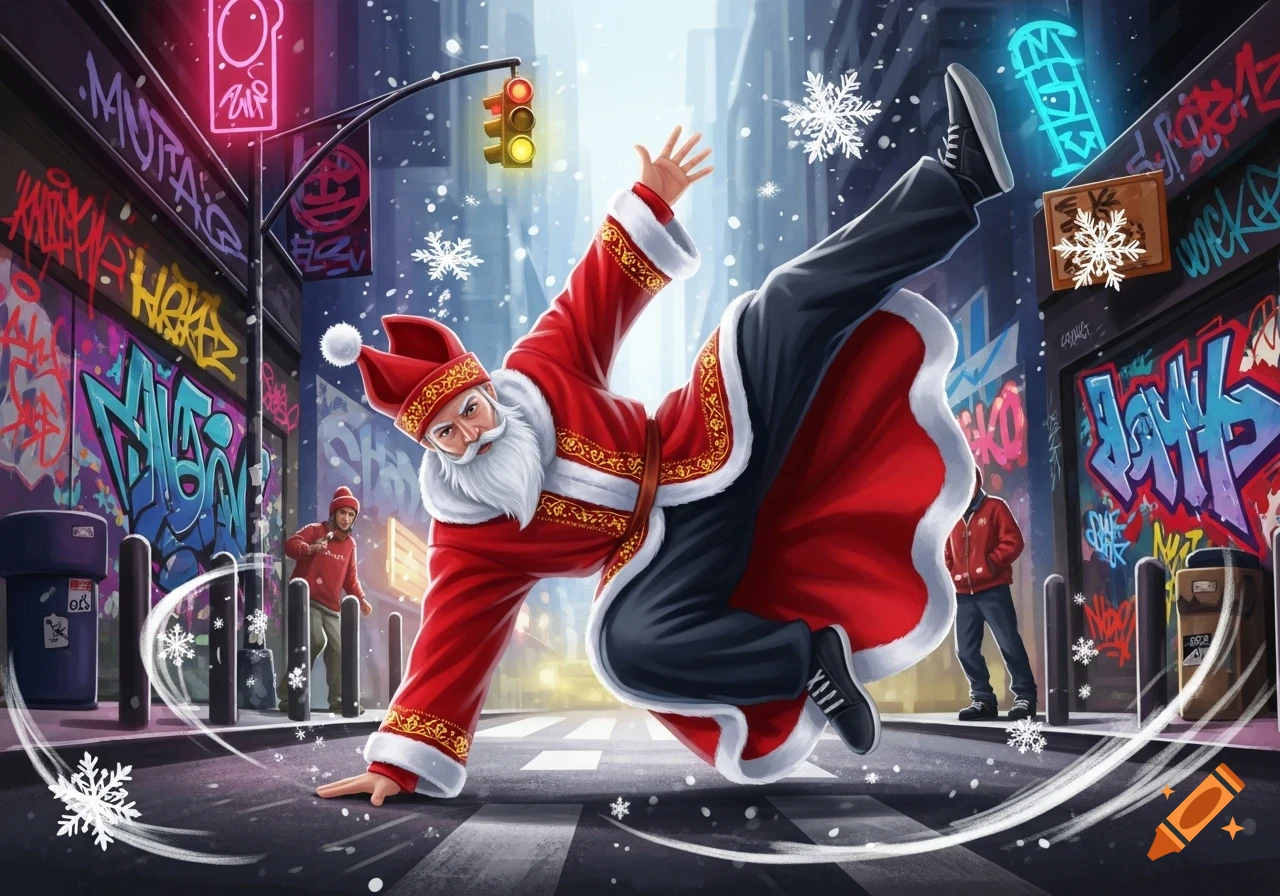 Cartoon Santa Claus breakdancing on a snowy urban street amidst colorful graffiti and neon lights, with two background figures.