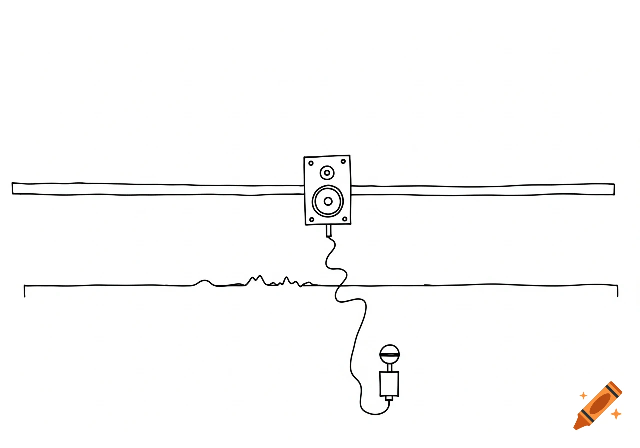 A simple black-line doodle on white, showing a speaker connected to a microphone with a wavy cable between two horizontal lines.