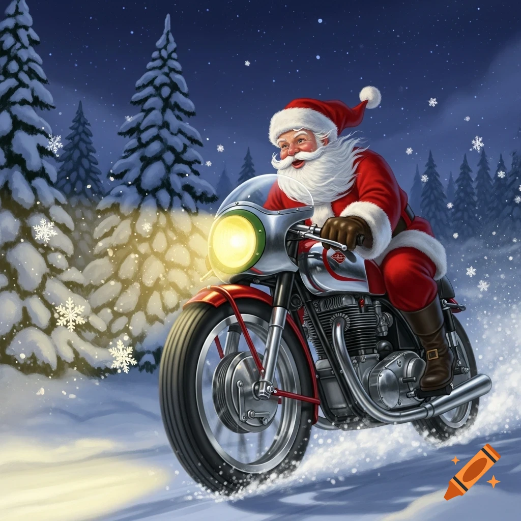 Santa Claus joyfully rides a classic racing motorcycle through a snowy forest at night, headlights illuminating the path, in an illustrative style.