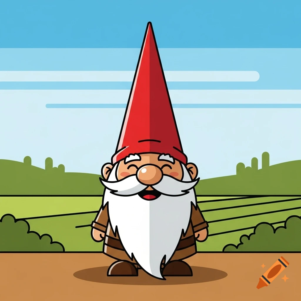 A smiling cartoon garden gnome with a tall red hat, a big white beard, and brown clothes stands in a green field under a blue sky.