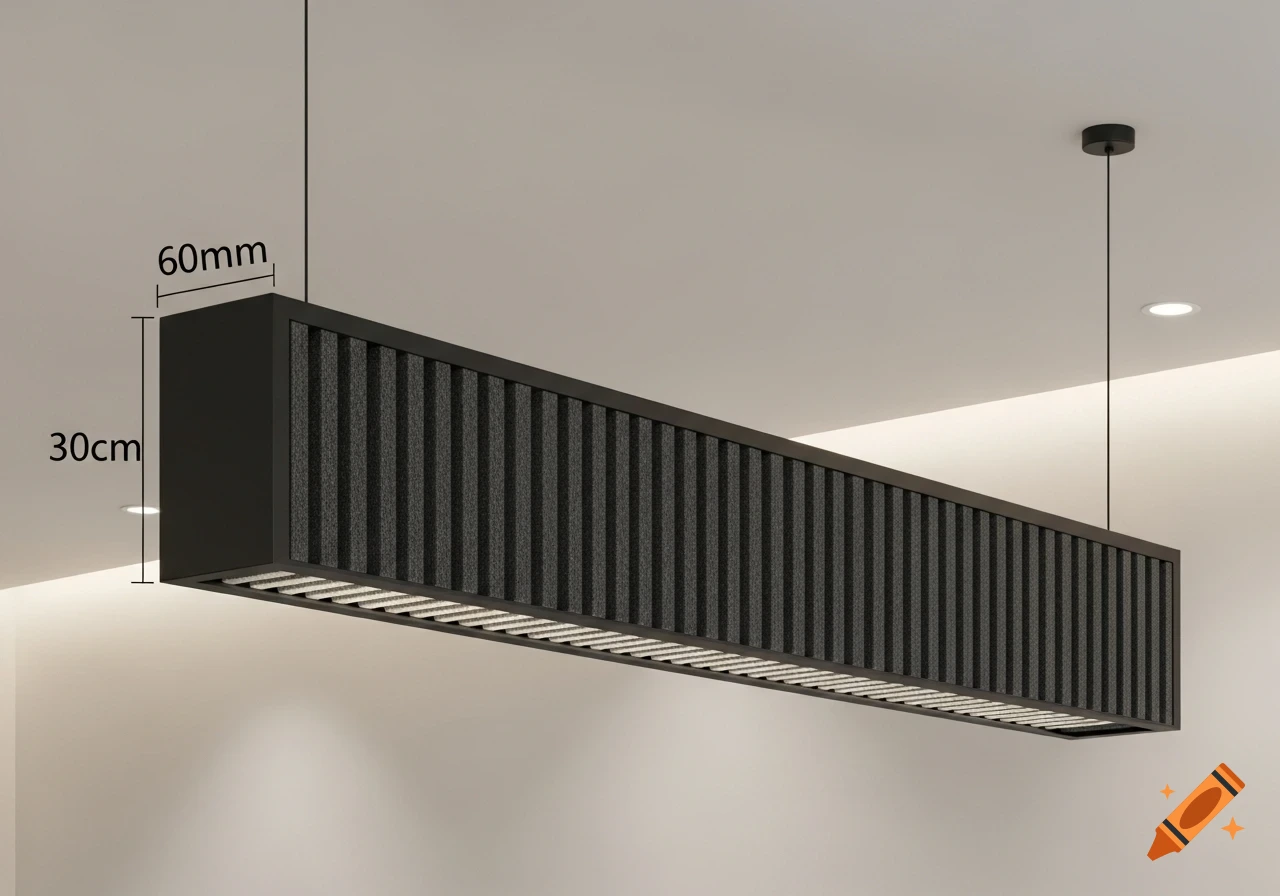 A rectangular black suspended light fixture with vertical gray stripes, labeled with dimensions 60mm and 30cm.