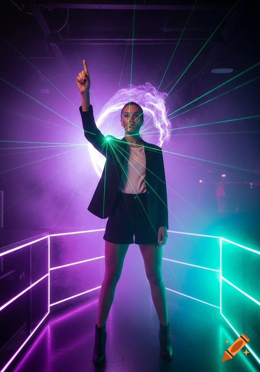 A woman in shorts and a blazer points up, surrounded by glowing purple and green neon lights and lasers in a dark room.
