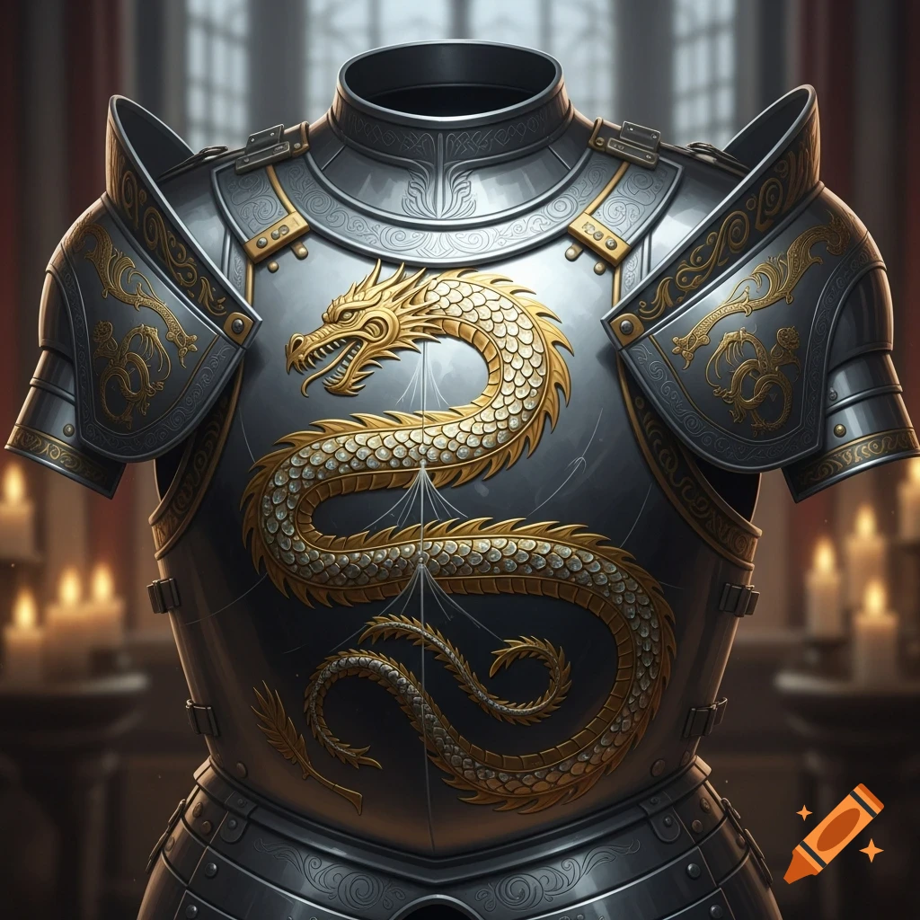 Silver breastplate armor with an ornate gold dragon design, in a candlelit room.