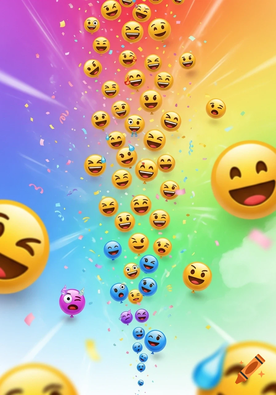 Smiling emoji balloons and confetti float against a vibrant rainbow background.