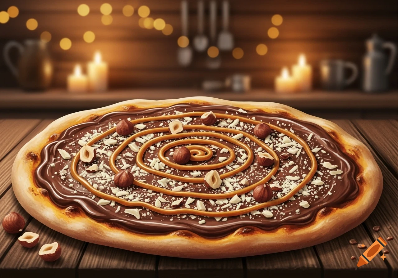 A delicious chocolate pizza topped with whole and chopped hazelnuts, white sprinkles, and caramel swirls, on a rustic wooden table.