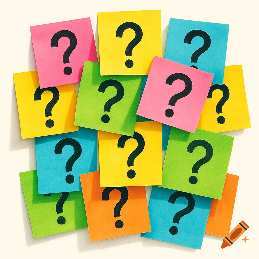 A pile of colorful sticky notes with black question marks on them, scattered on a light background.
