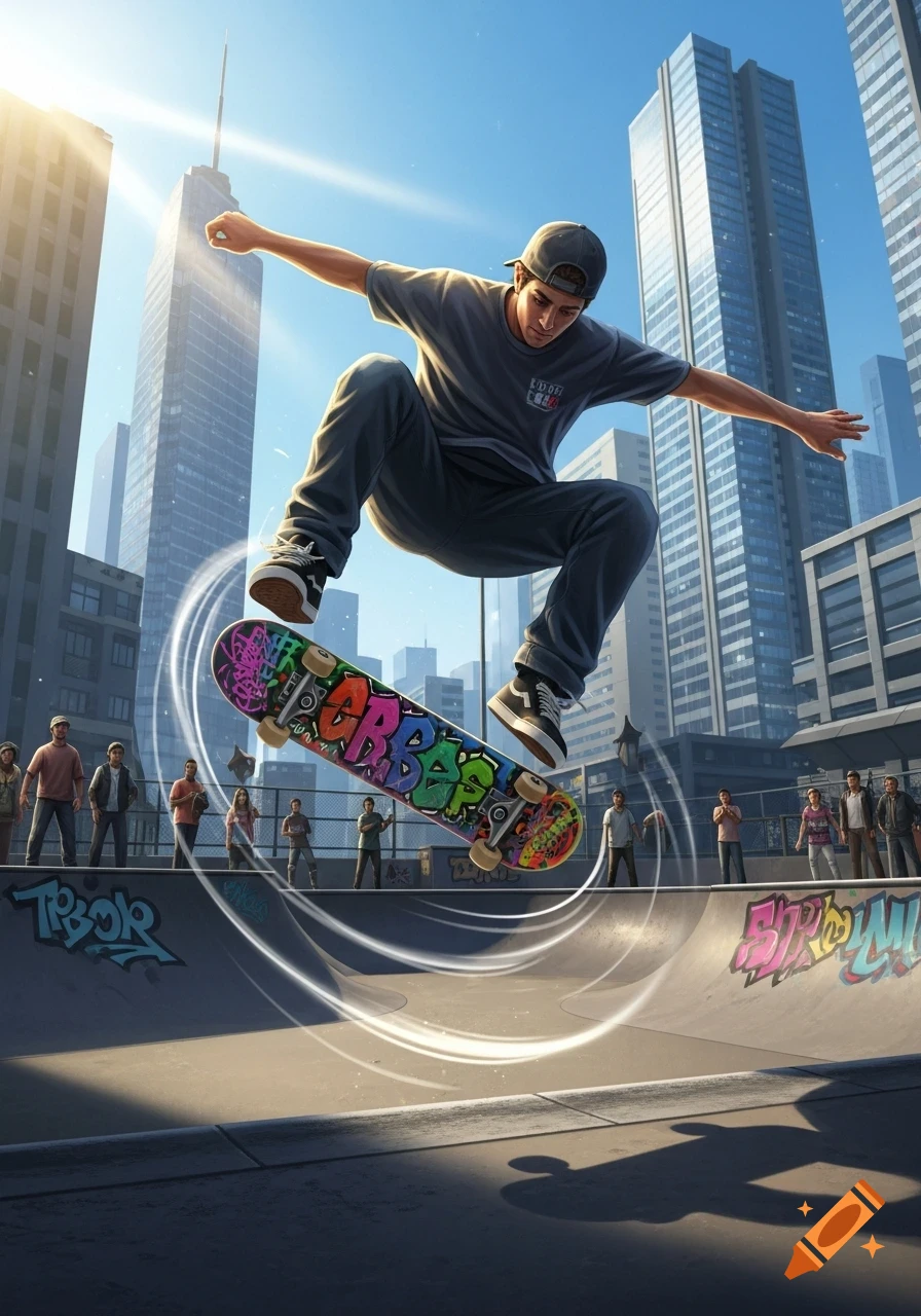Dynamic illustration of a skateboarder airborne in a city skatepark, with skyscrapers and colorful graffiti.