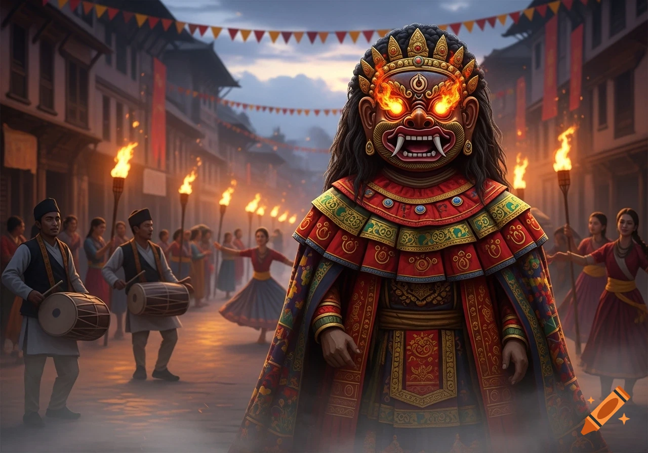 A large, ornate Lakhe mask figure in a red and gold costume stands in a torchlit street during a cultural festival, with drummers and dancers.