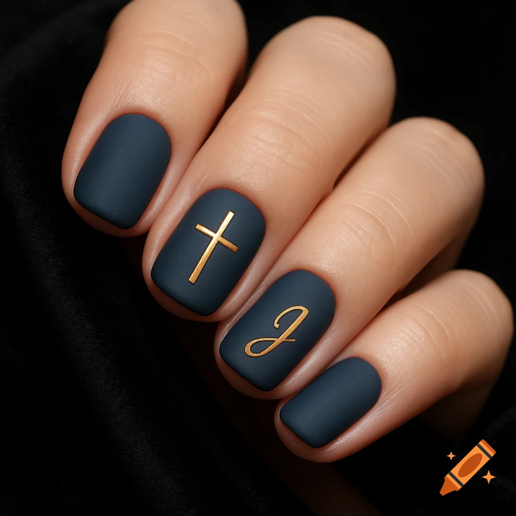 Close-up of a hand with matte dark blue gel nails, featuring a golden cross on one nail and a golden cursive J on another.