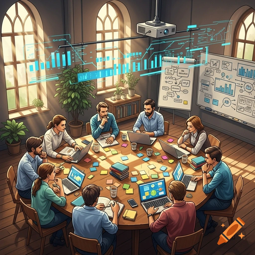 An overhead view of nine professionals around a large round table, working on laptops and discussing data displayed on holographic projections and whiteboards. Sunlight streams through arched windows.