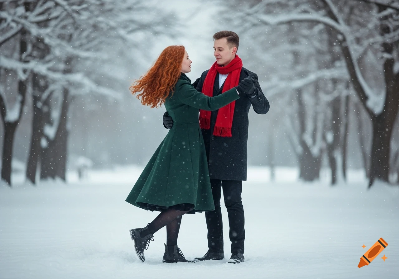 A young couple in winter coats dances in a snowy park as snowflakes fall around them. The woman has red hair and wears a green coat, while the man wears a dark coat and red scarf.