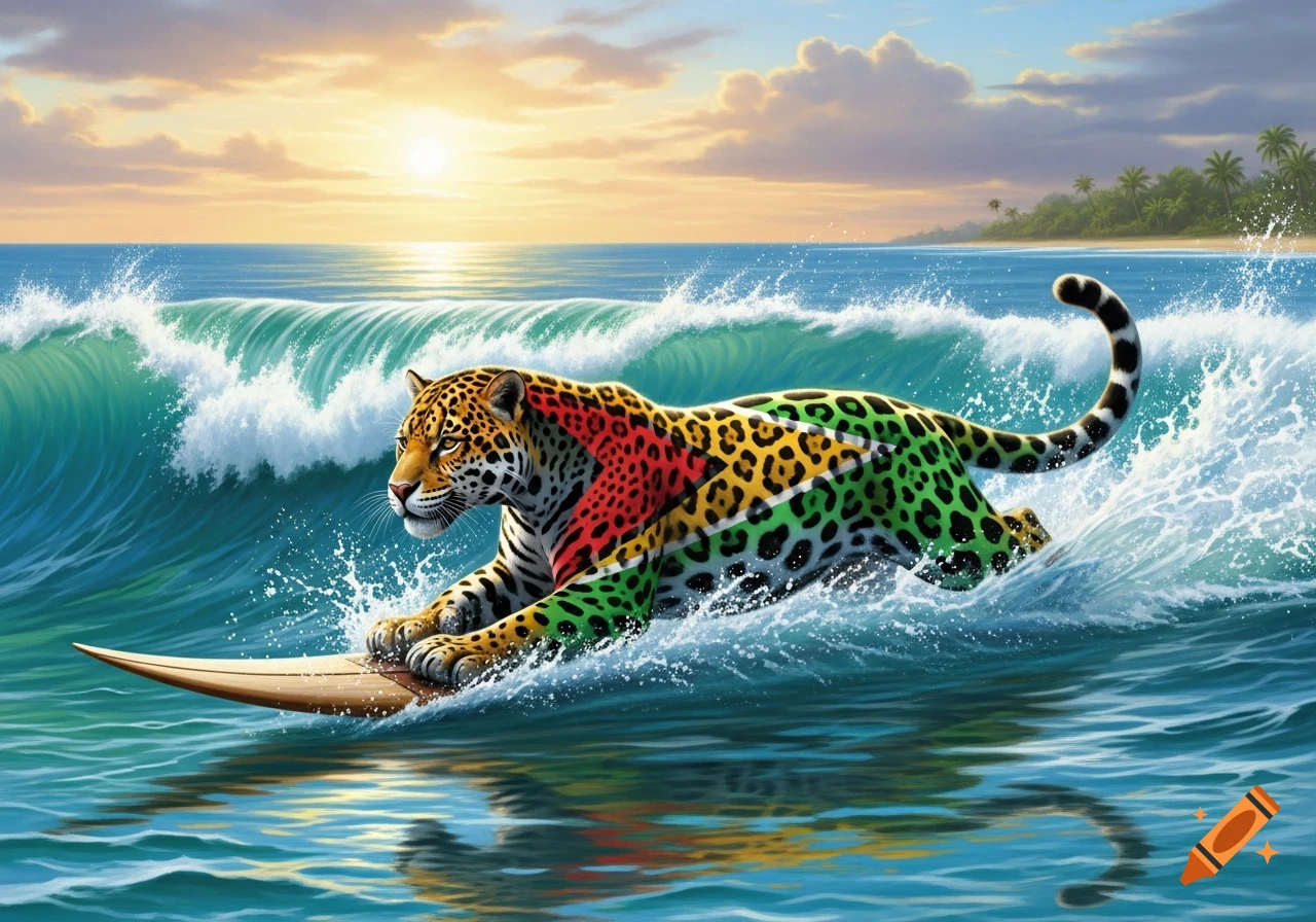 A jaguar with the colors of the Guyanese flag on its fur surfs a wave during sunset on a tropical ocean.