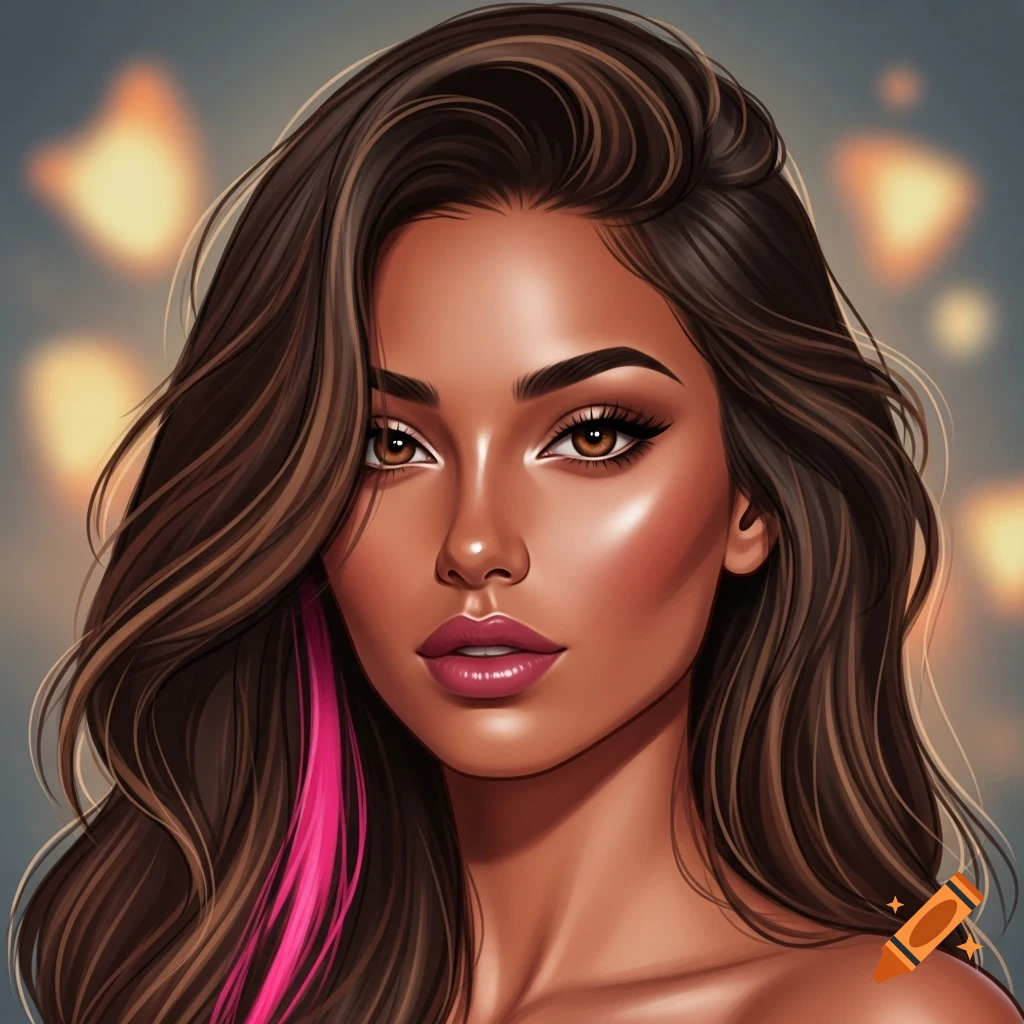 Digital art portrait of a woman with long wavy brown hair with a pink ...