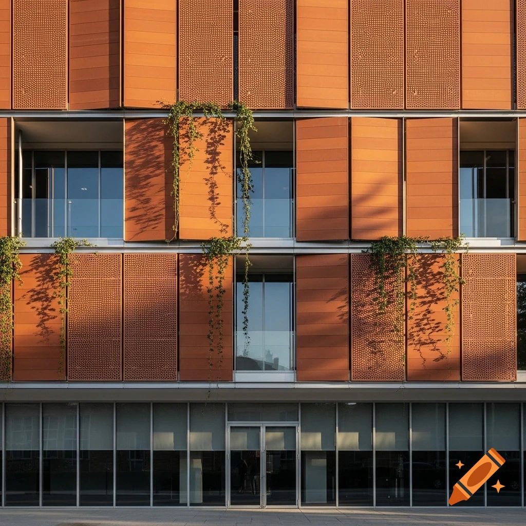 A modern building facade featuring terracotta panels, some perforated, with green vines cascading over windows.