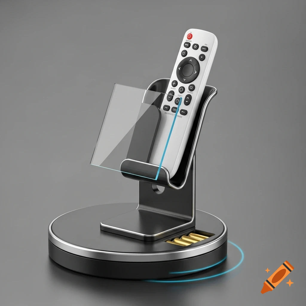 A white remote control stands in a sleek black and silver holder with a transparent display panel, against a gray background.
